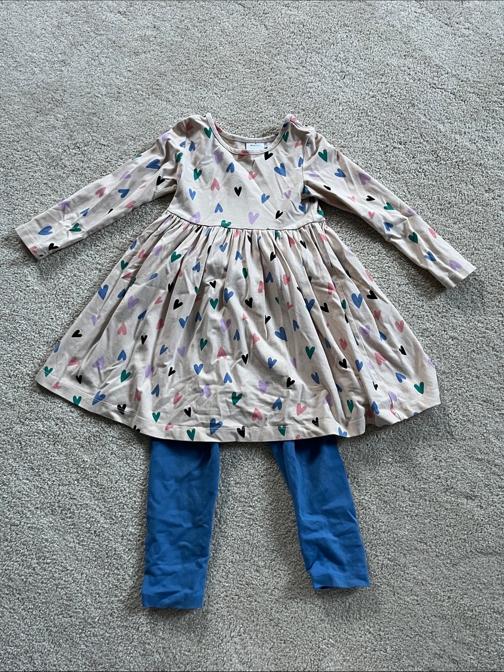 Girls Heart Print Long Sleeve Dress with Blue Leggings
